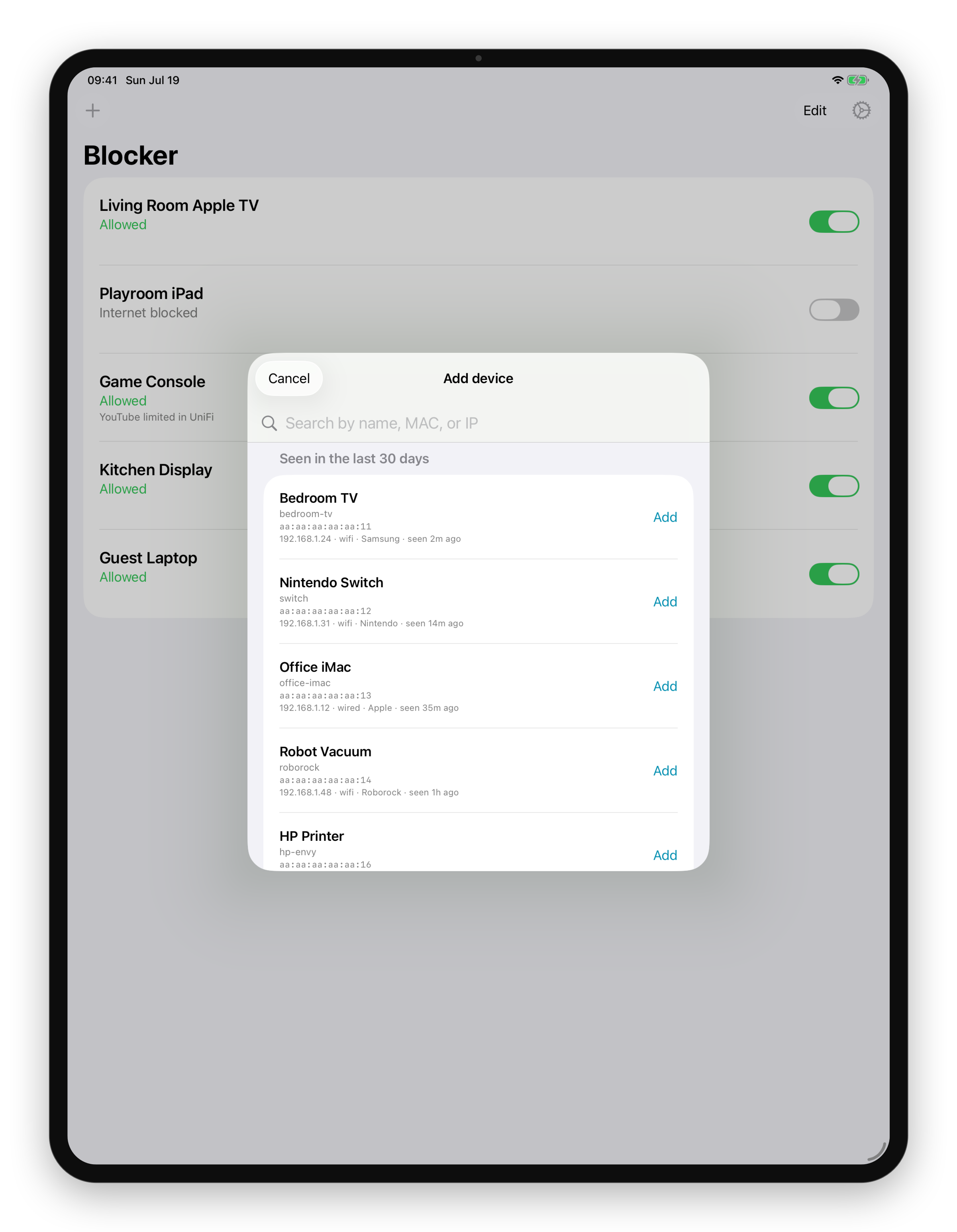 Adding a device in Blocker on iPad