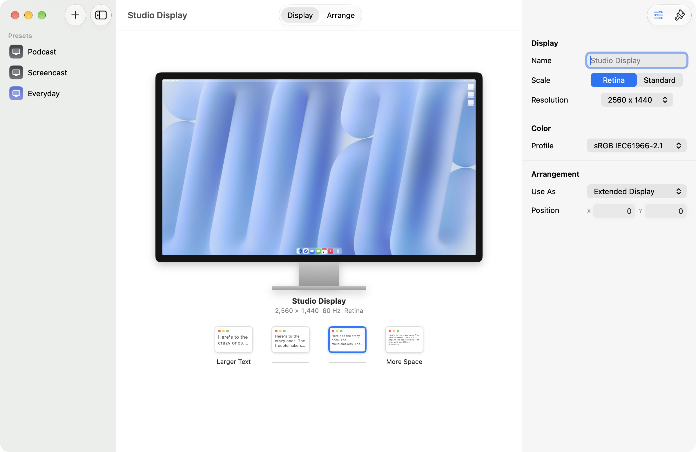 Studio Display resolution settings in Displays