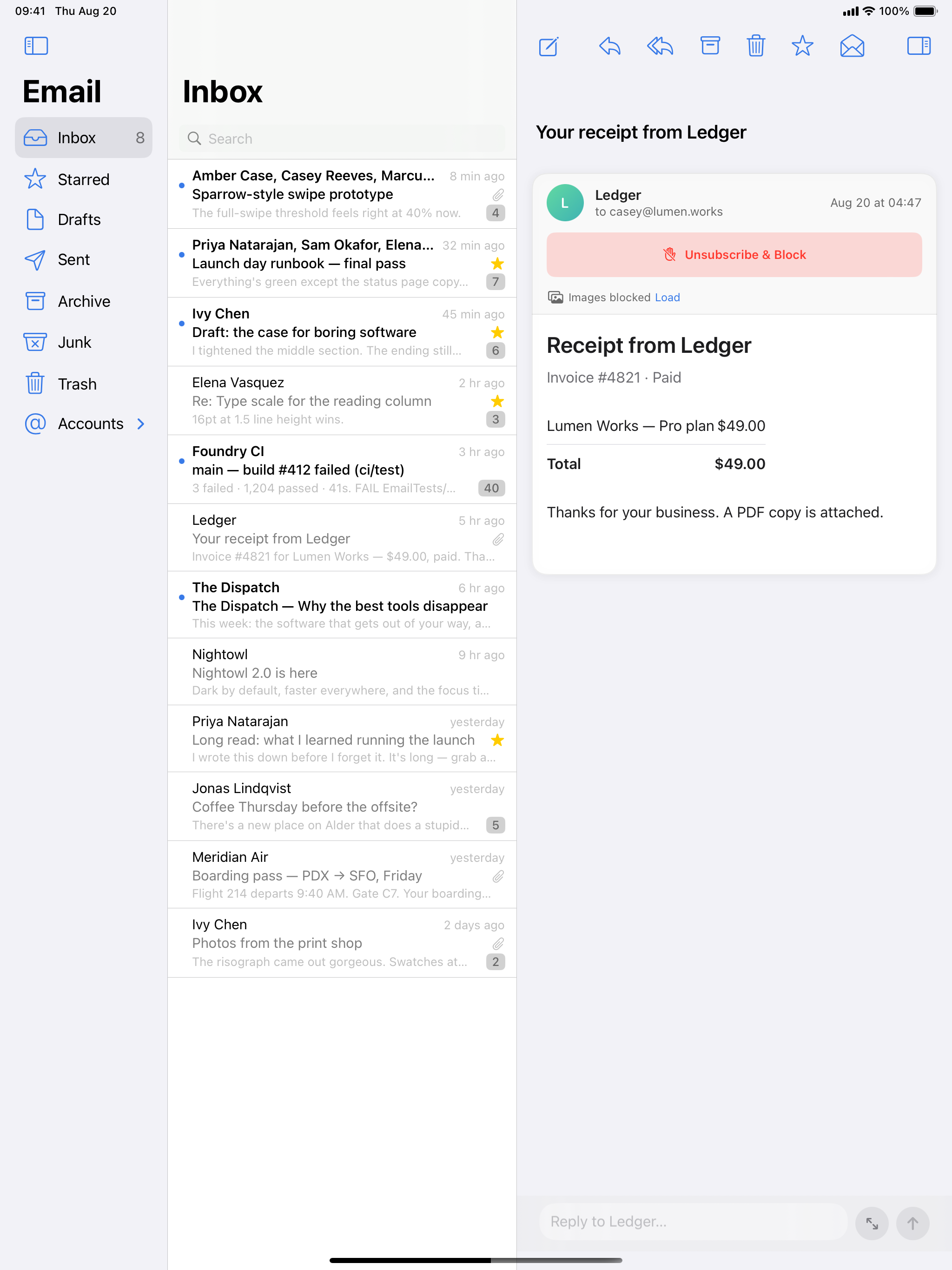 Email's unified inbox beside an open conversation on iPad
