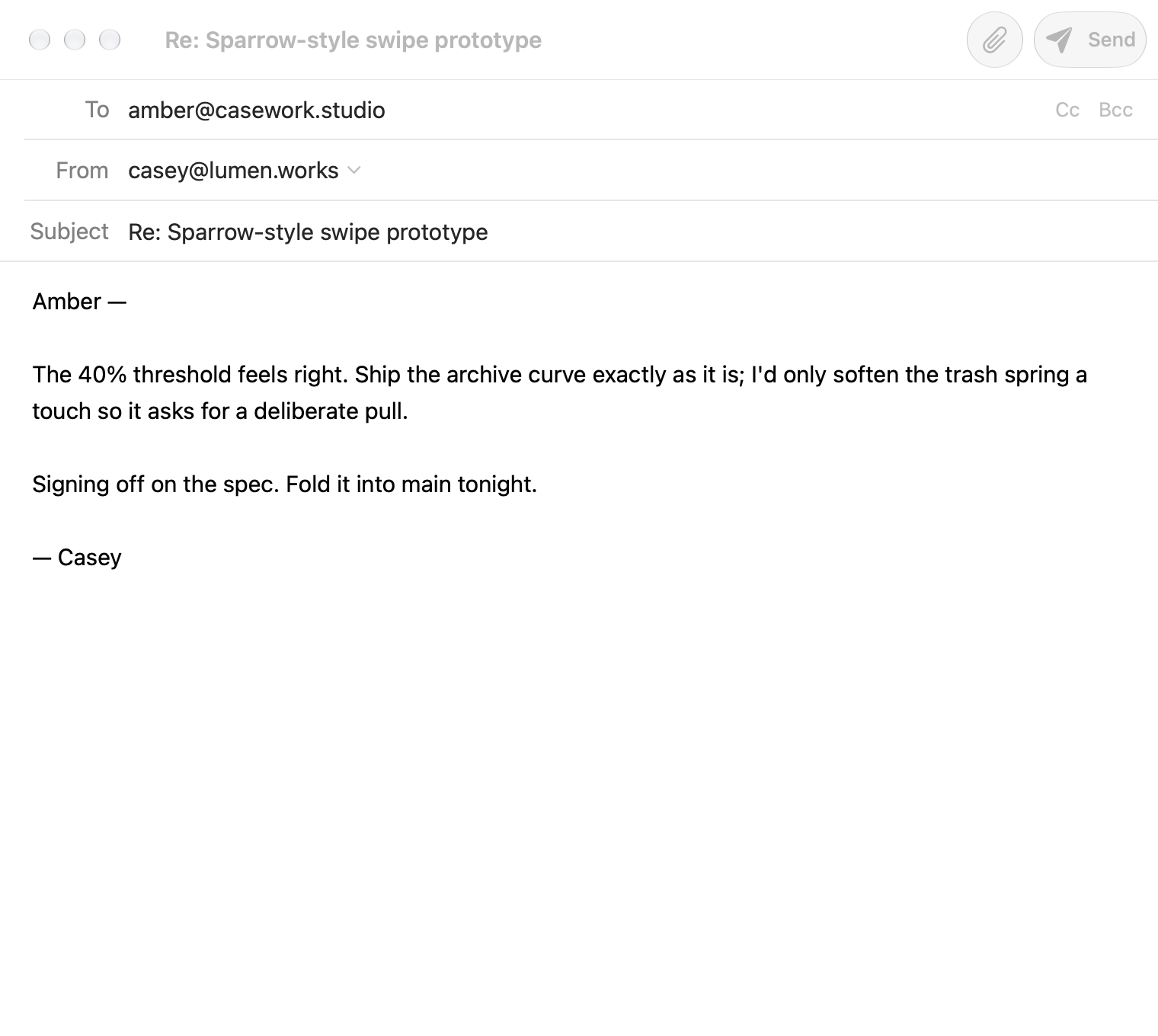 The minimal Email compose window with a draft reply.