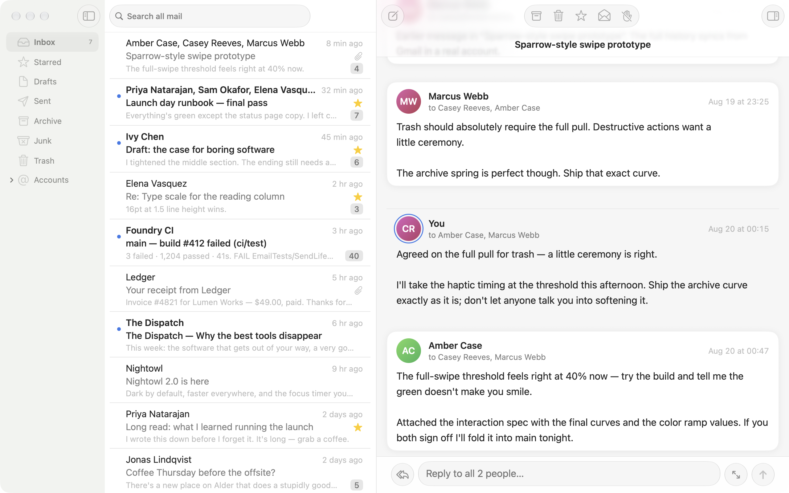 A conversation open in Email with the inline reply bar at the bottom.