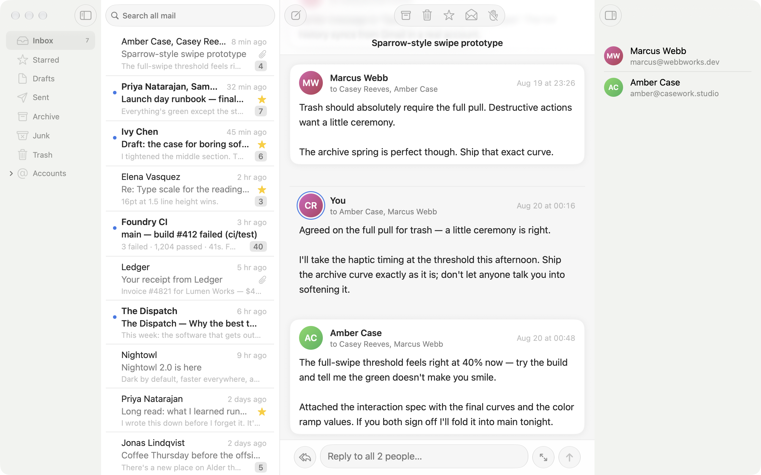 The Email people panel showing participant cards for a conversation.