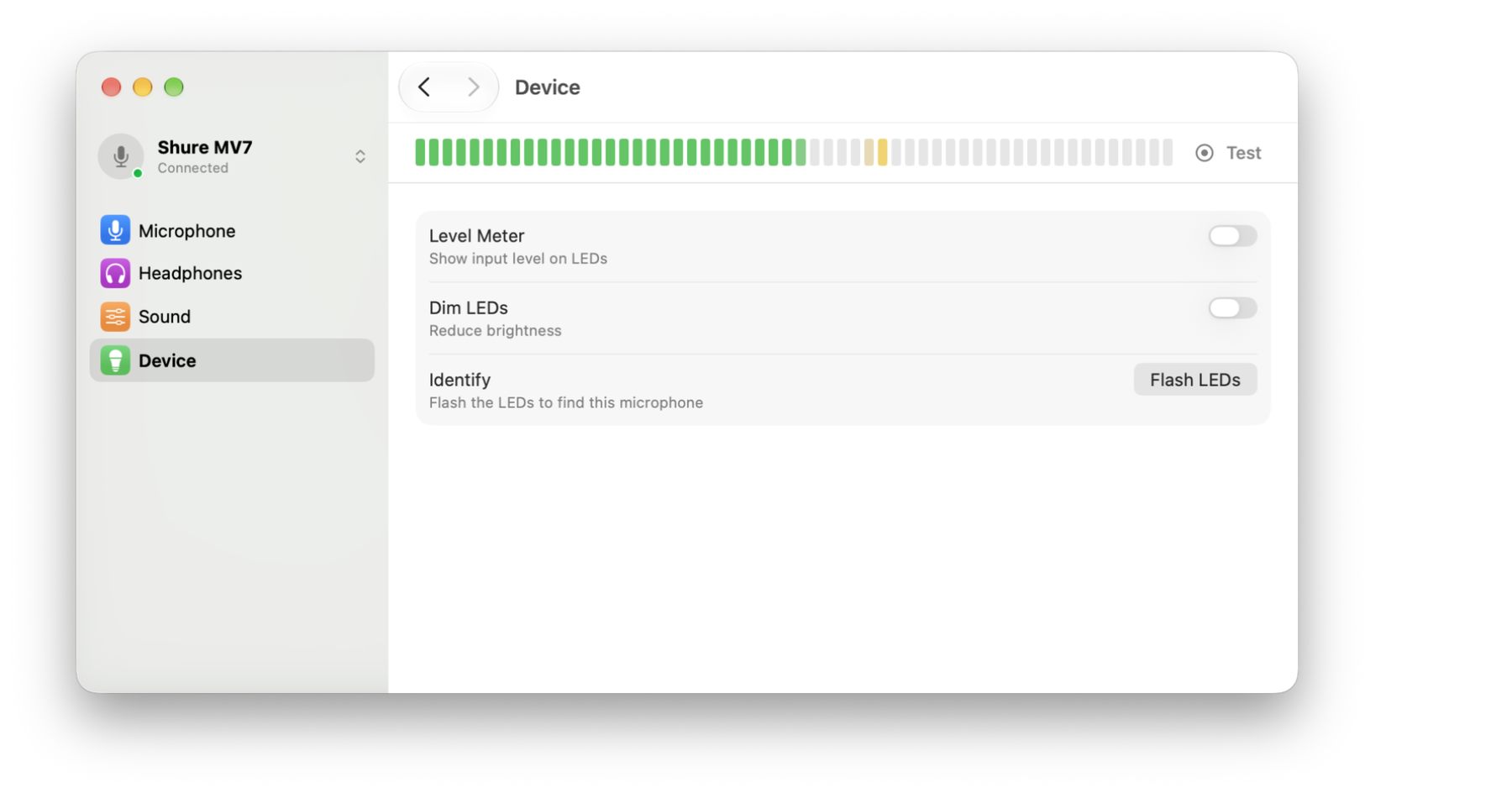 Device settings in Mics