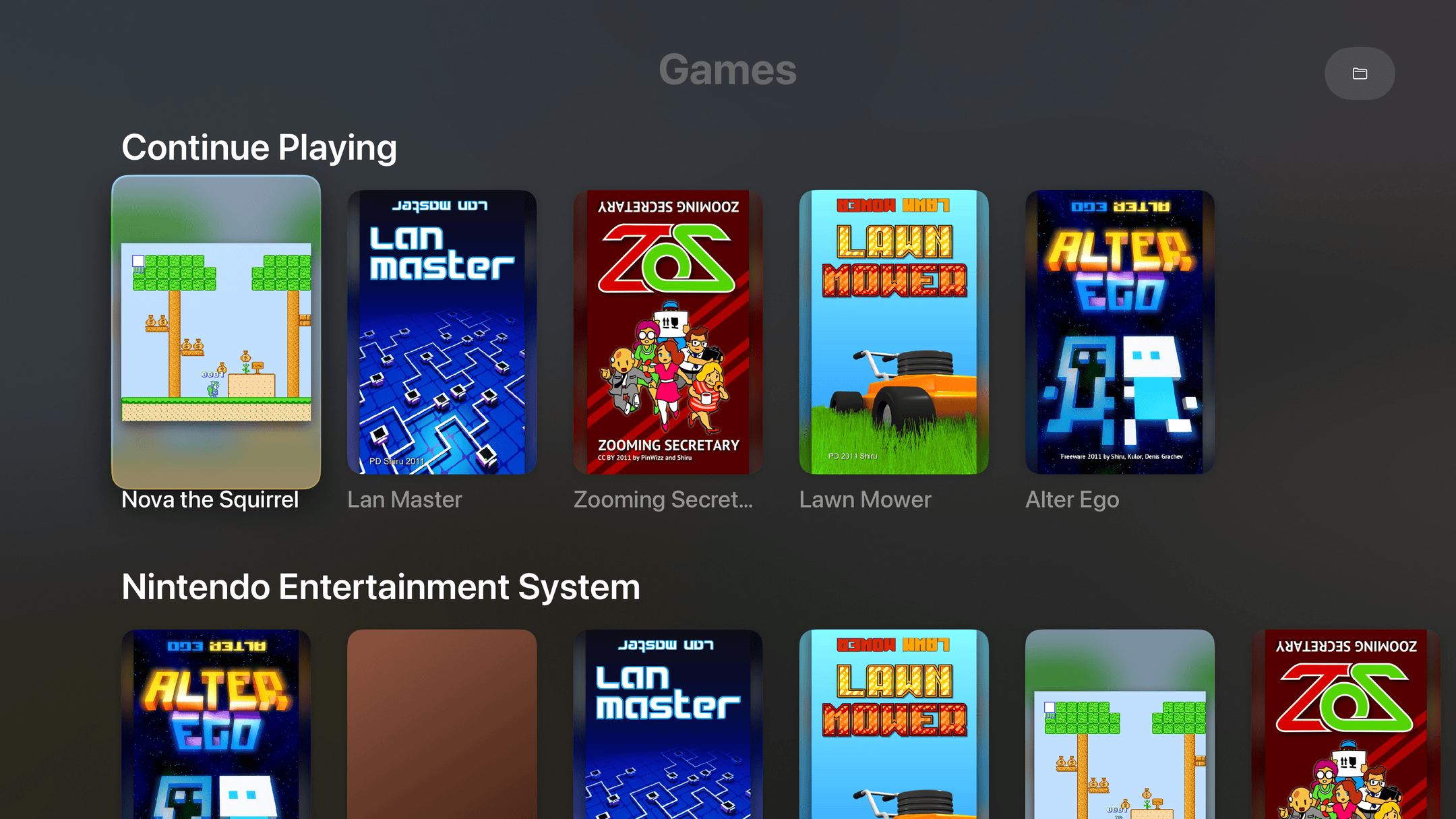 The Playbox library on Apple TV, with a Continue Playing row and a shelf of NES games