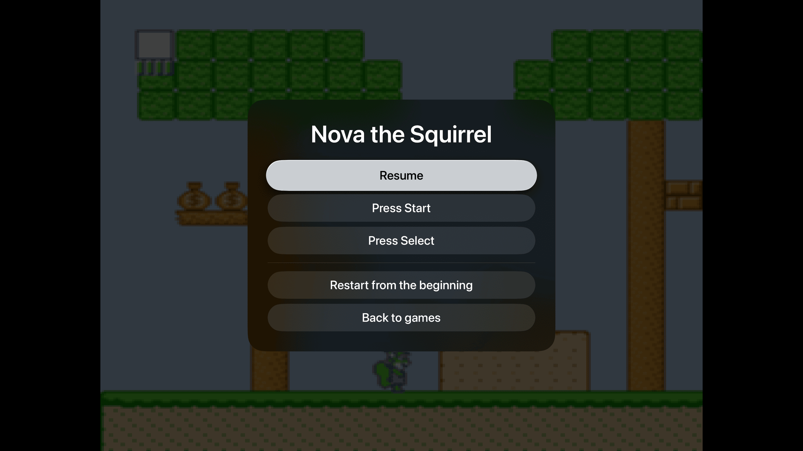 The Playbox pause menu over a game, with Resume, Press Start, Restart, and Back to games