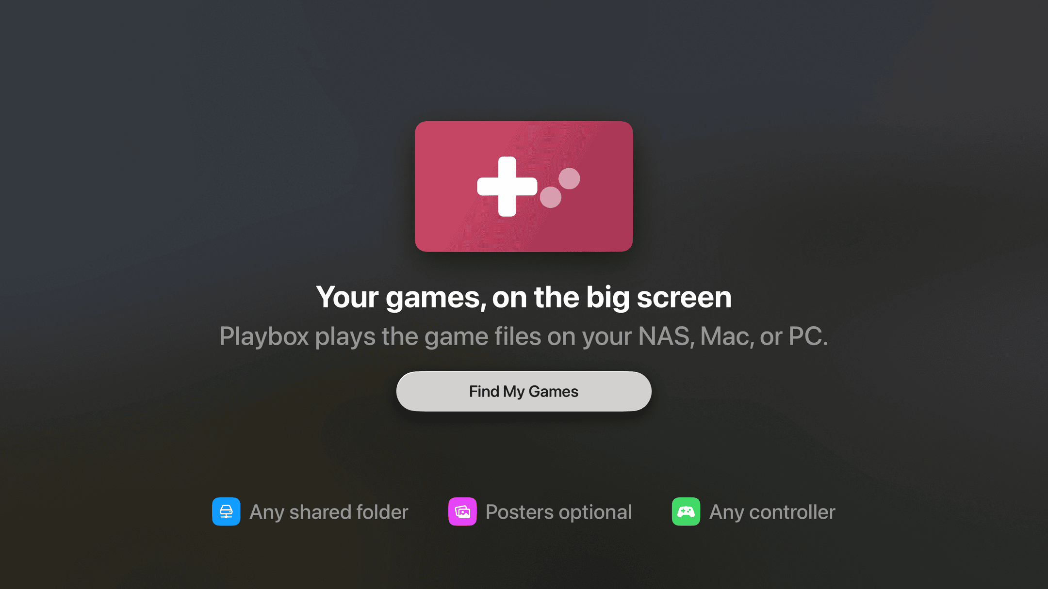 The Playbox welcome screen on Apple TV