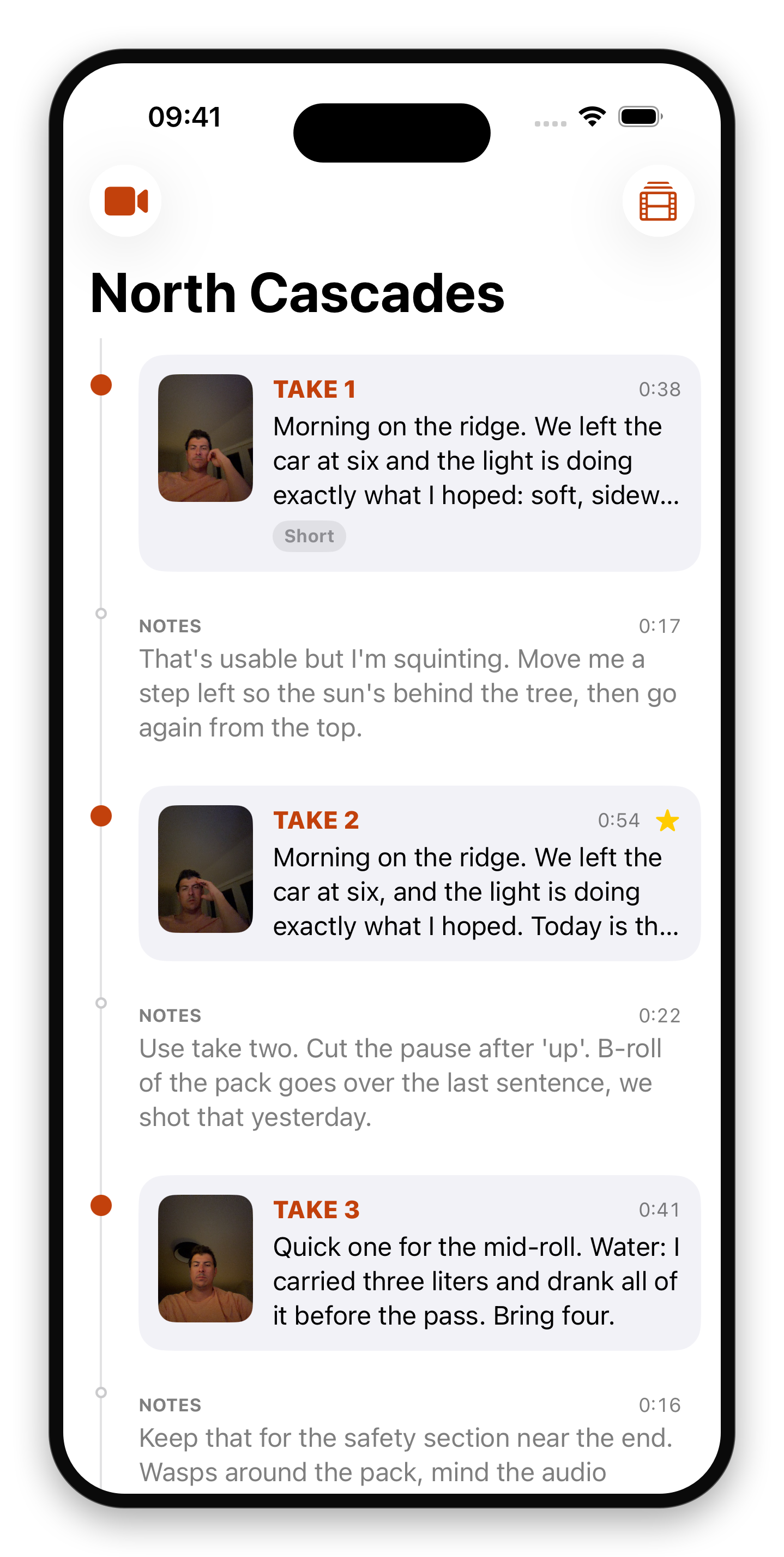 A project's takes and notes with transcripts
