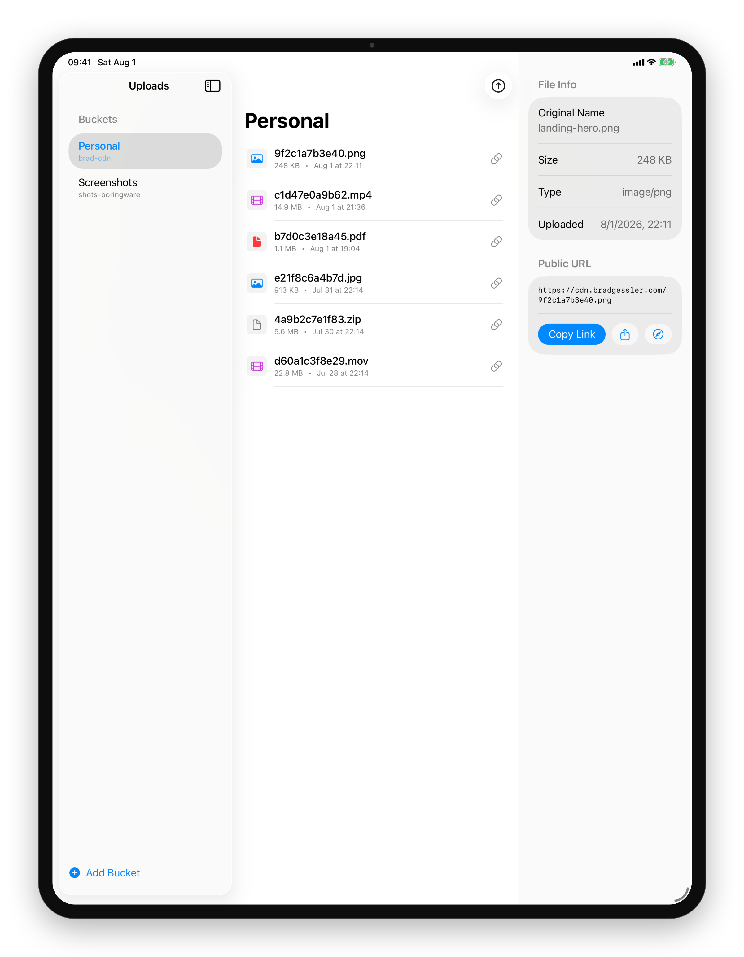 A file's public link on iPad