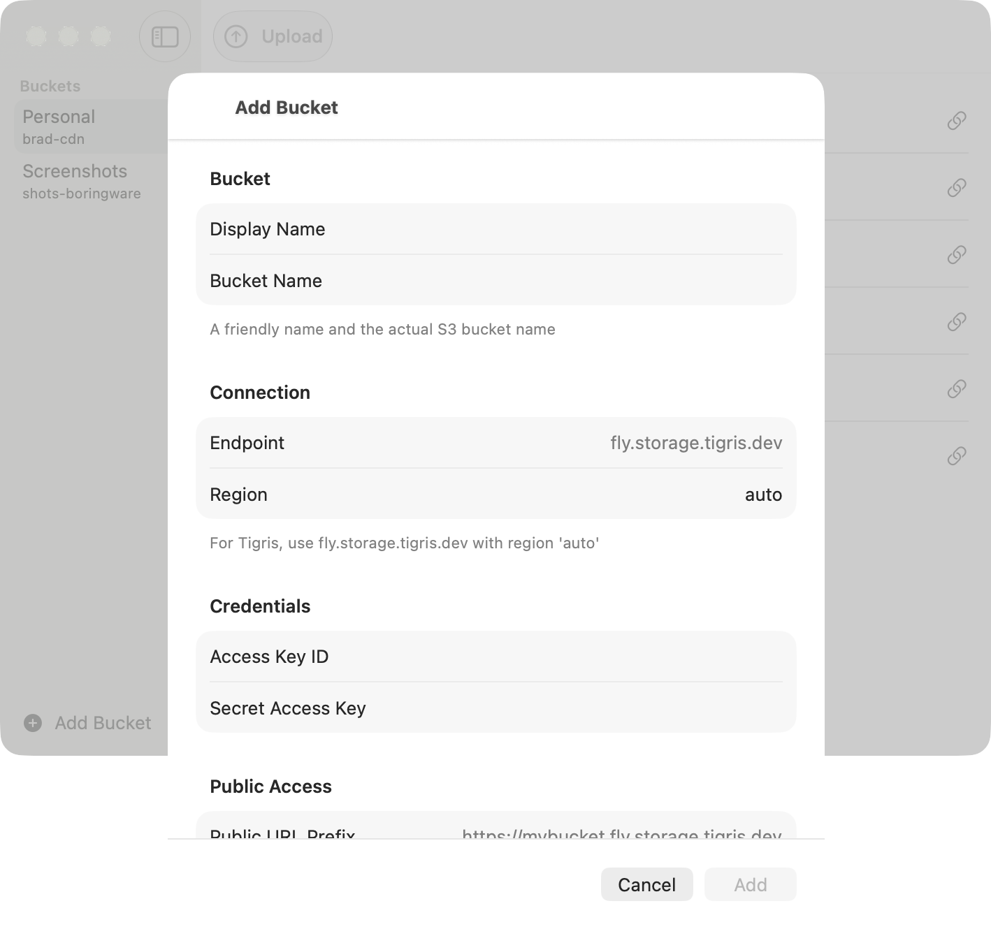 Add a bucket in Uploads