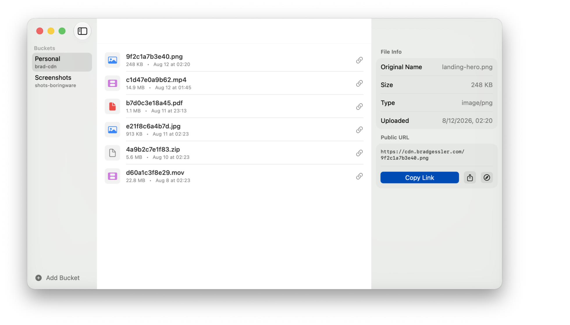 Copy a file's public link in Uploads